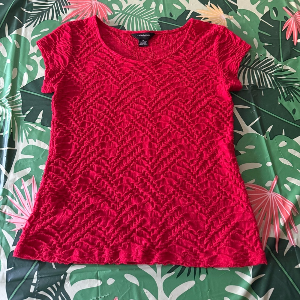 Liz Claiborne Career Red Puckered Short Sleeve Stretch Top M